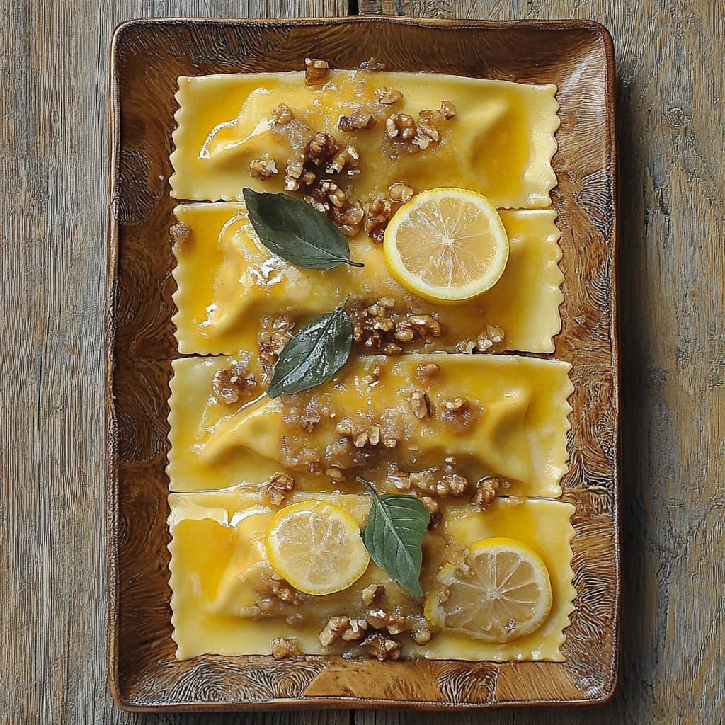 Ravioli Zitrone-Ricotta mit einer Walnuss-Sablei-Butter